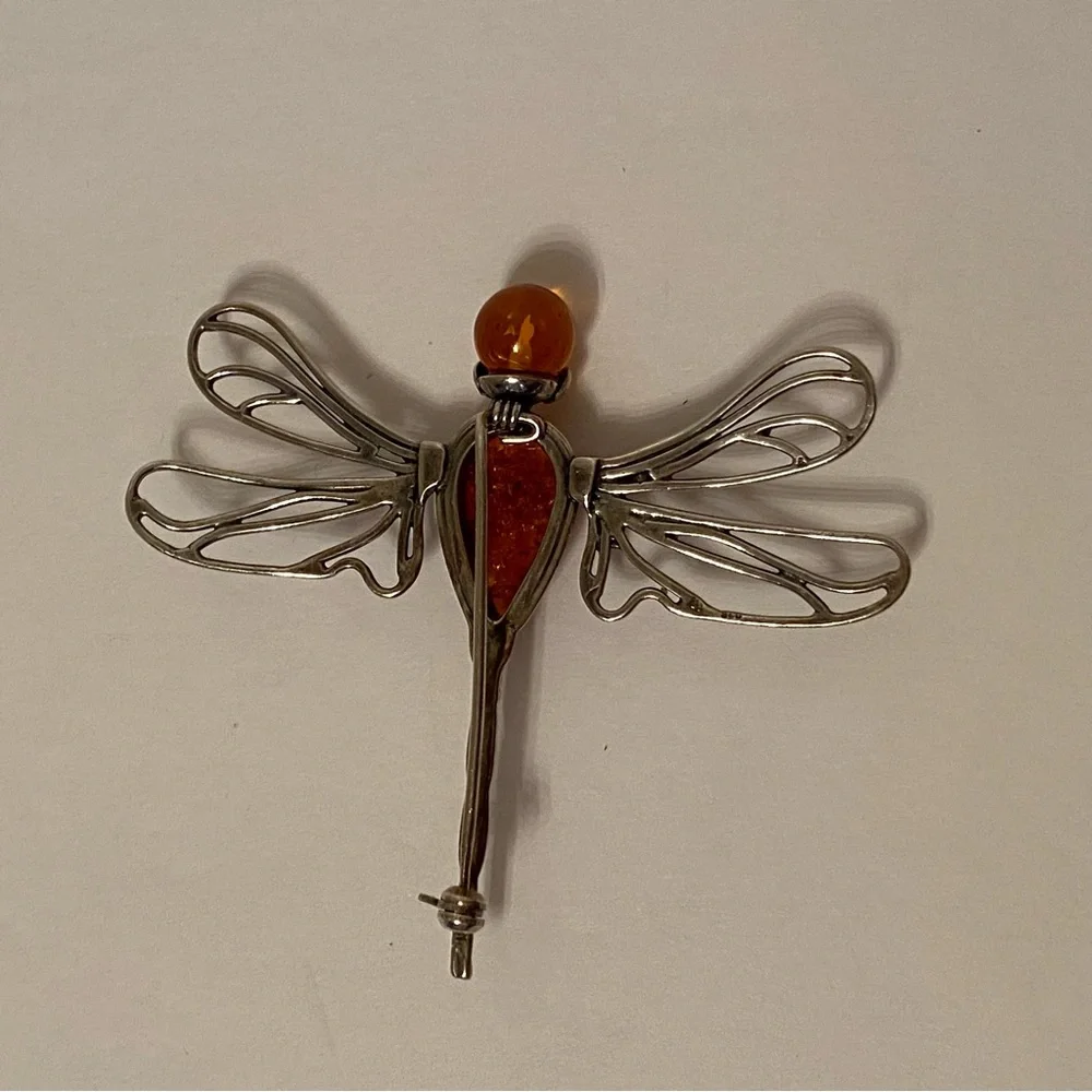 BROOCH PIN AMBER STERLING SILVER 925 DRAGONFLY 8.4 g